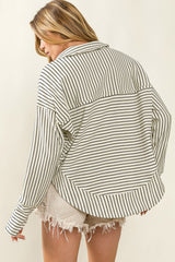 White Striped Thumbhole Drop Shoulder V Neck Top Long Sleeve Tops JT's Designer Fashion