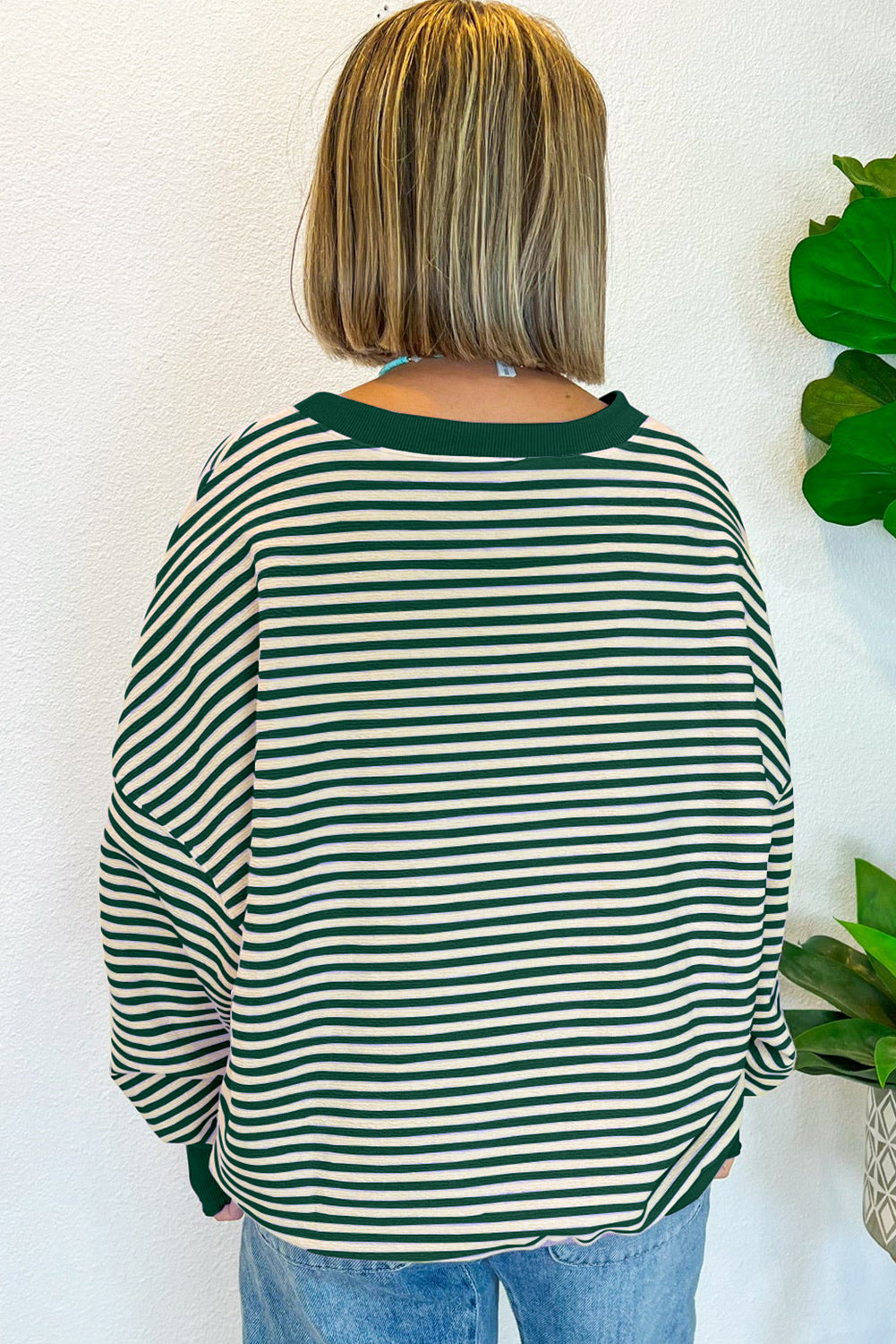 Green Stripe Loose Drop Shoulder Long Sleeve Top Long Sleeve Tops JT's Designer Fashion