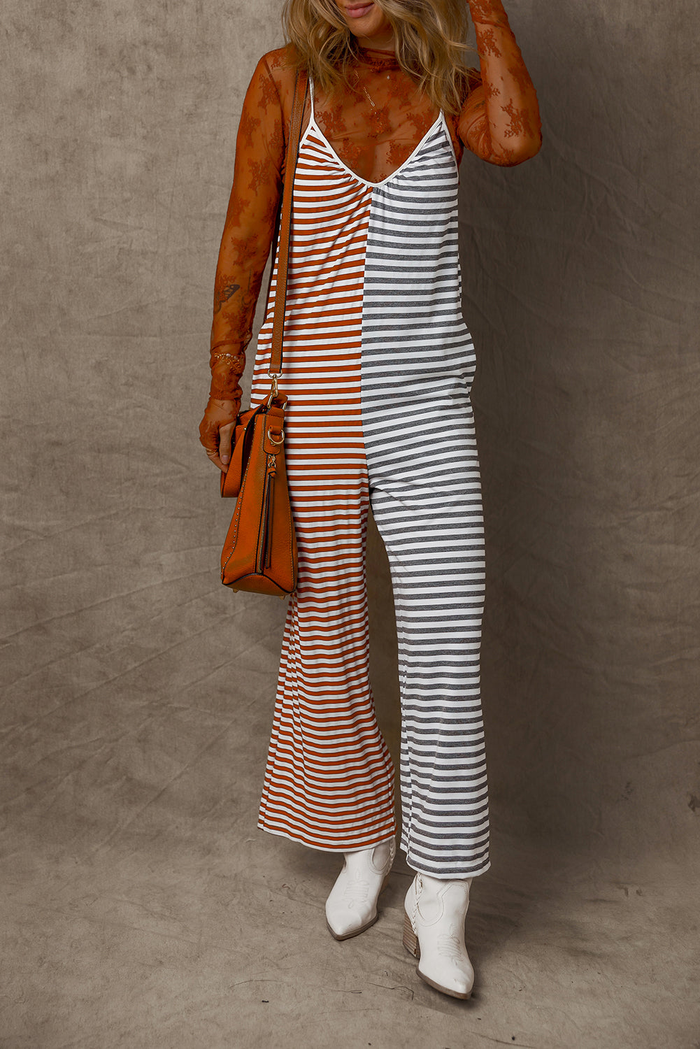 Yellow Stripe Two Tone Contrast Spaghetti Strap Backless Overall Jumpsuits & Rompers JT's Designer Fashion