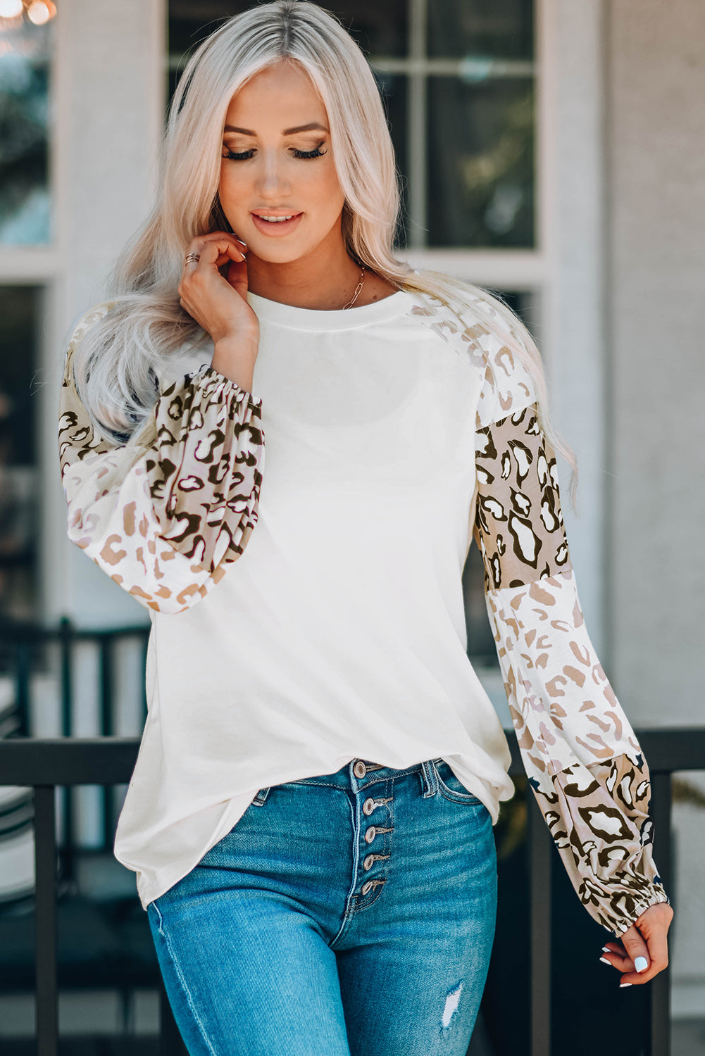 Beige Leopard Print Bubble Sleeve Top Long Sleeve Tops JT's Designer Fashion