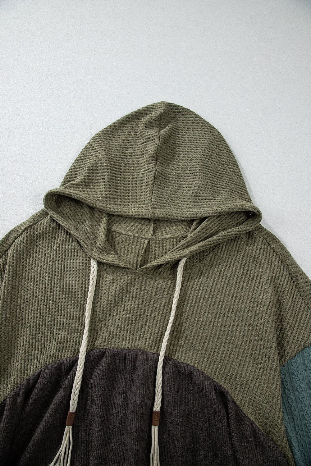 Laurel Green Mixed Textured Colorblock Patchwork Wide Sleeve Frayed High Low Hooded Top Long Sleeve Tops JT's Designer Fashion