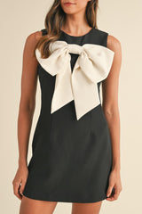 Black Contrast Bowknot Applique Crew Neck Sleeveless Mini Dress Mini Dresses JT's Designer Fashion