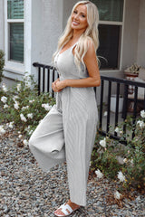 Black Stripe Half Buttoned Sleeveless Wide Leg Jumpsuit Jumpsuits & Rompers JT's Designer Fashion