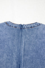 Beau Blue Tie V Neck Tucking Detail Short Sleeve Denim Shift Dress Mini Dresses JT's Designer Fashion
