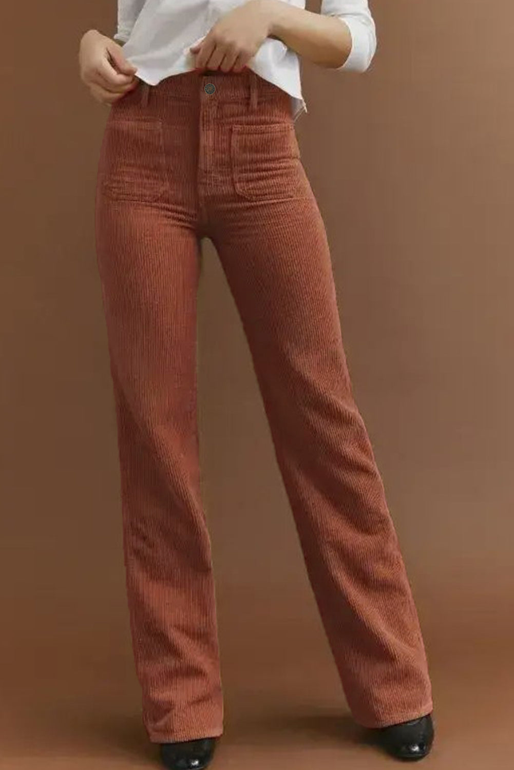 Brown High Waist Square Pockets Corduroy Pants Pants & Culotte JT's Designer Fashion
