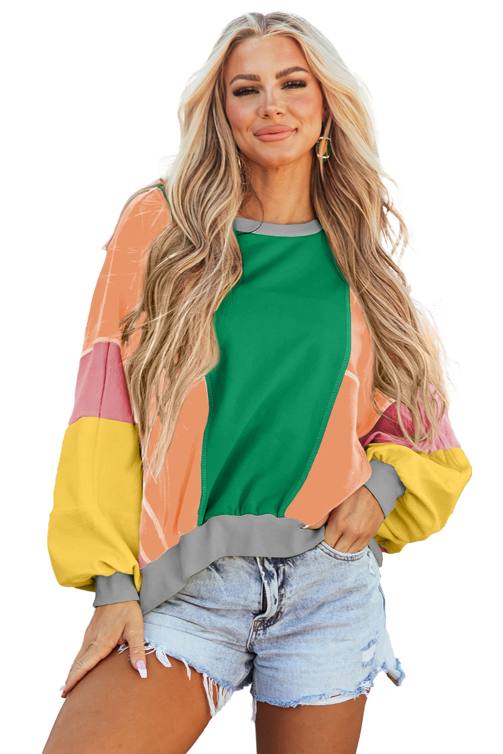 Dark Green Colorblock Patchwork Exposed Stitching Oversize Top Long Sleeve Tops JT's Designer Fashion