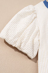 Beige Stripe Stripe Print Puff Sleeve Versatile Pullover Dress Dresses JT's Designer Fashion