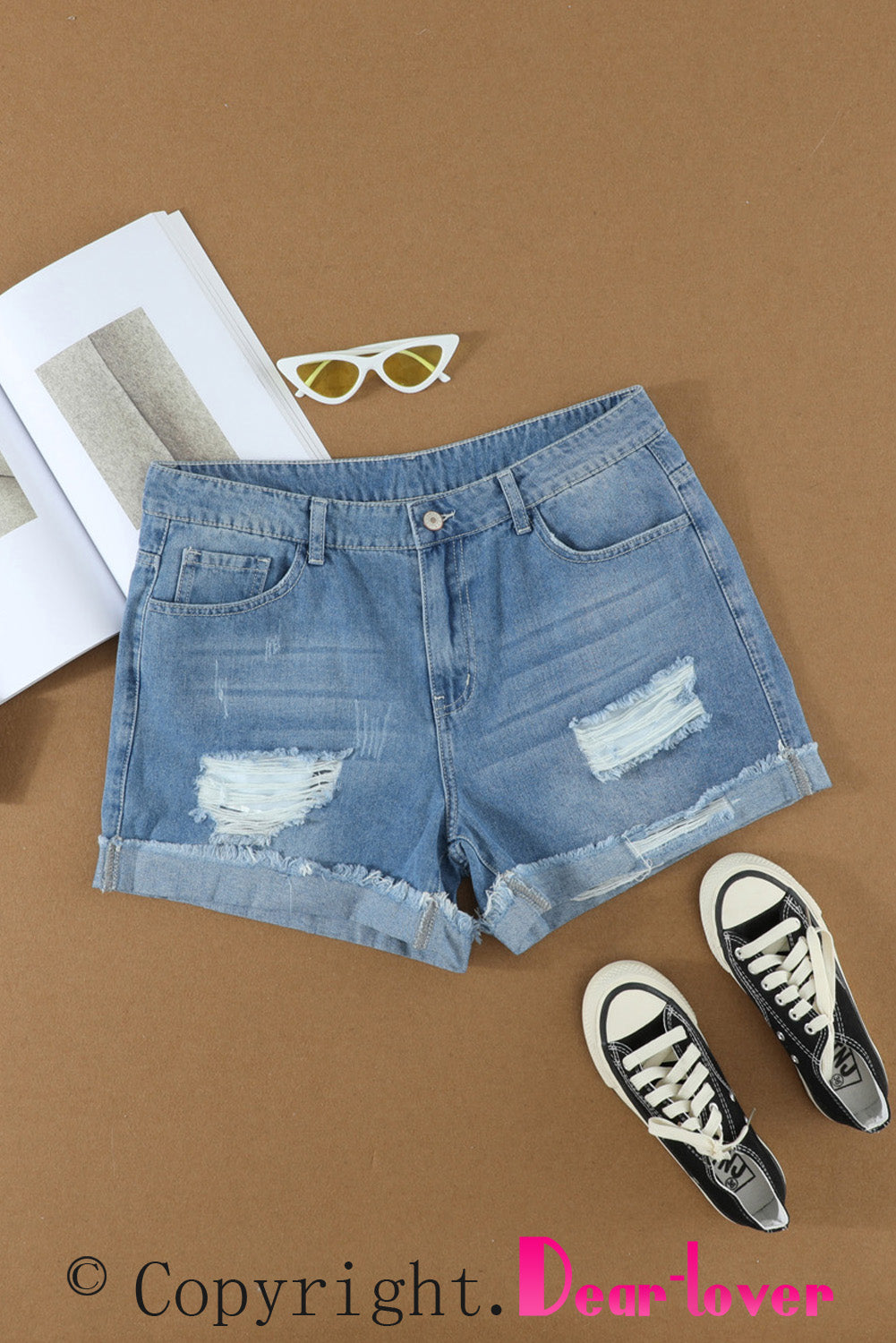 Distressed Ripped Rolled Hem Sky Blue Denim Shorts Denim Shorts JT's Designer Fashion