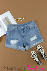 Distressed Ripped Rolled Hem Sky Blue Denim Shorts Denim Shorts JT's Designer Fashion