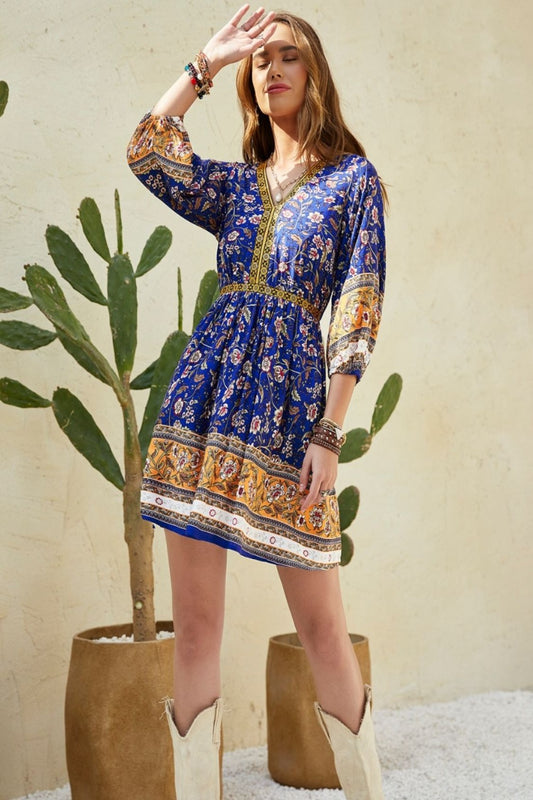 Printed V-Neck Mini Dress Indigo Mini Dresses JT's Designer Fashion