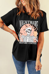 Black Nightmare Before Coffee Skull Checkerboard Graphic Halloween Tee Graphic Tees JT's Designer Fashion