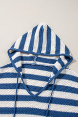 Blue Stripe V Neck Pocketed Drawstring Hooded Sweater Sweaters JT's Designer Fashion