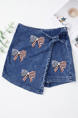 Sail Blue High Waist USA Flag Inspire Bow Patched Twisted Denim Skort Graphic Pants JT's Designer Fashion