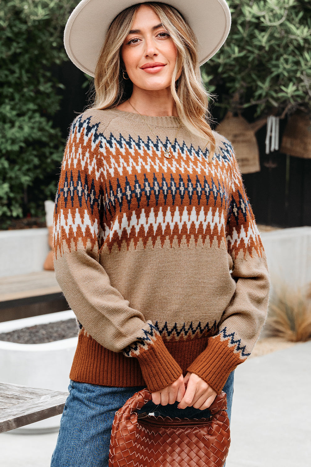 Khaki Aztec Print Colorblock Crew Neck Sweater Sweaters JT's Designer Fashion