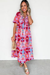 Rose Floral Print Tie High Waist Short Sleeve Loose Long Dress Dresses JT's Designer Fashion