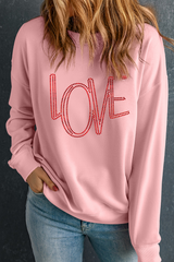 Pink LOVE Graphic Drop Shoulder Valentines Pullover Sweatshirt Graphic Sweatshirts JT's Designer Fashion