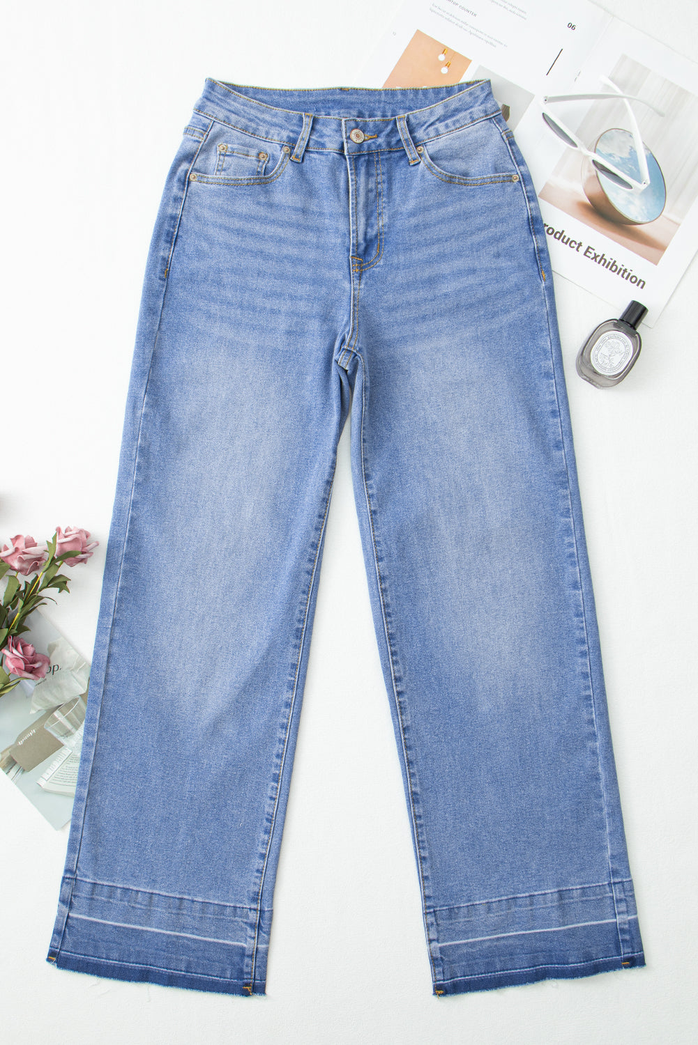 Dusk Blue Raw Hem Unique Cuffs Straight High Rise Loose Jeans Jeans JT's Designer Fashion