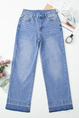 Dusk Blue Raw Hem Unique Cuffs Straight High Rise Loose Jeans Jeans JT's Designer Fashion