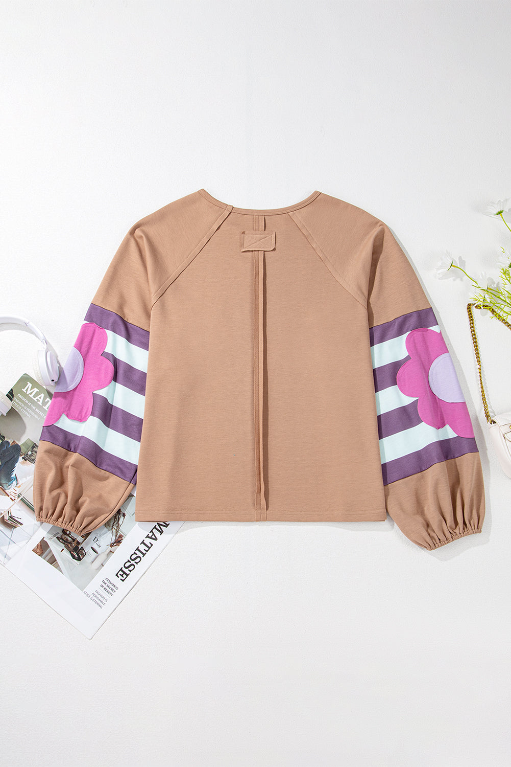 Dune Flower Patchwork Raglan Sleeve Exposed Seam Oversized Top Long Sleeve Tops JT's Designer Fashion