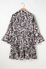 Black Leopard Print Buttoned Front 3/4 Sleeve Tiered Ruffled Hem Dress Mini Dresses JT's Designer Fashion