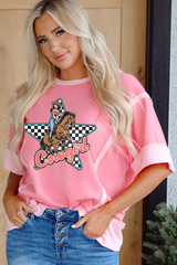 Peach Blossom Cowgirl Checkered Star Shape Print Exposed Seam T Shirt Graphic Tees JT's Designer Fashion