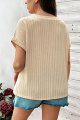 Beige Lace Crochet Patched Cable Textured Cuffed Short Sleeve Plus Size Top Plus Size Tops & Tees JT's Designer Fashion