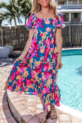 Dark Blue Square Neck Bubble Sleeve Ruffled Floral Dress Floral Dresses JT's Designer Fashion