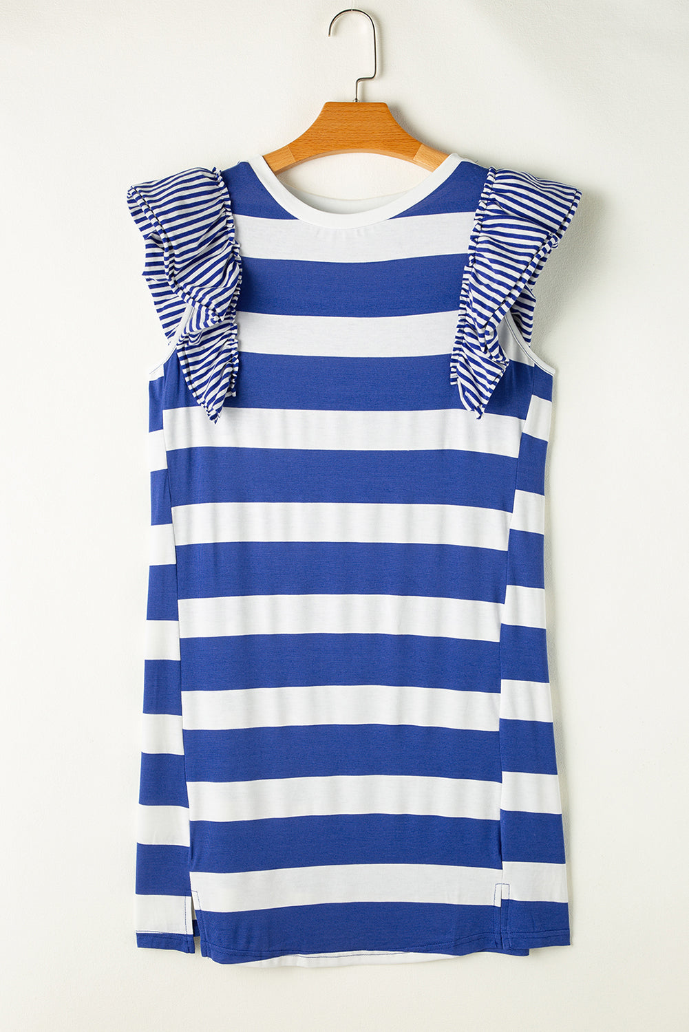 Sky Blue Stripe Contrast Ruffled Sleeve T-shirt Dress T Shirt Dresses JT's Designer Fashion