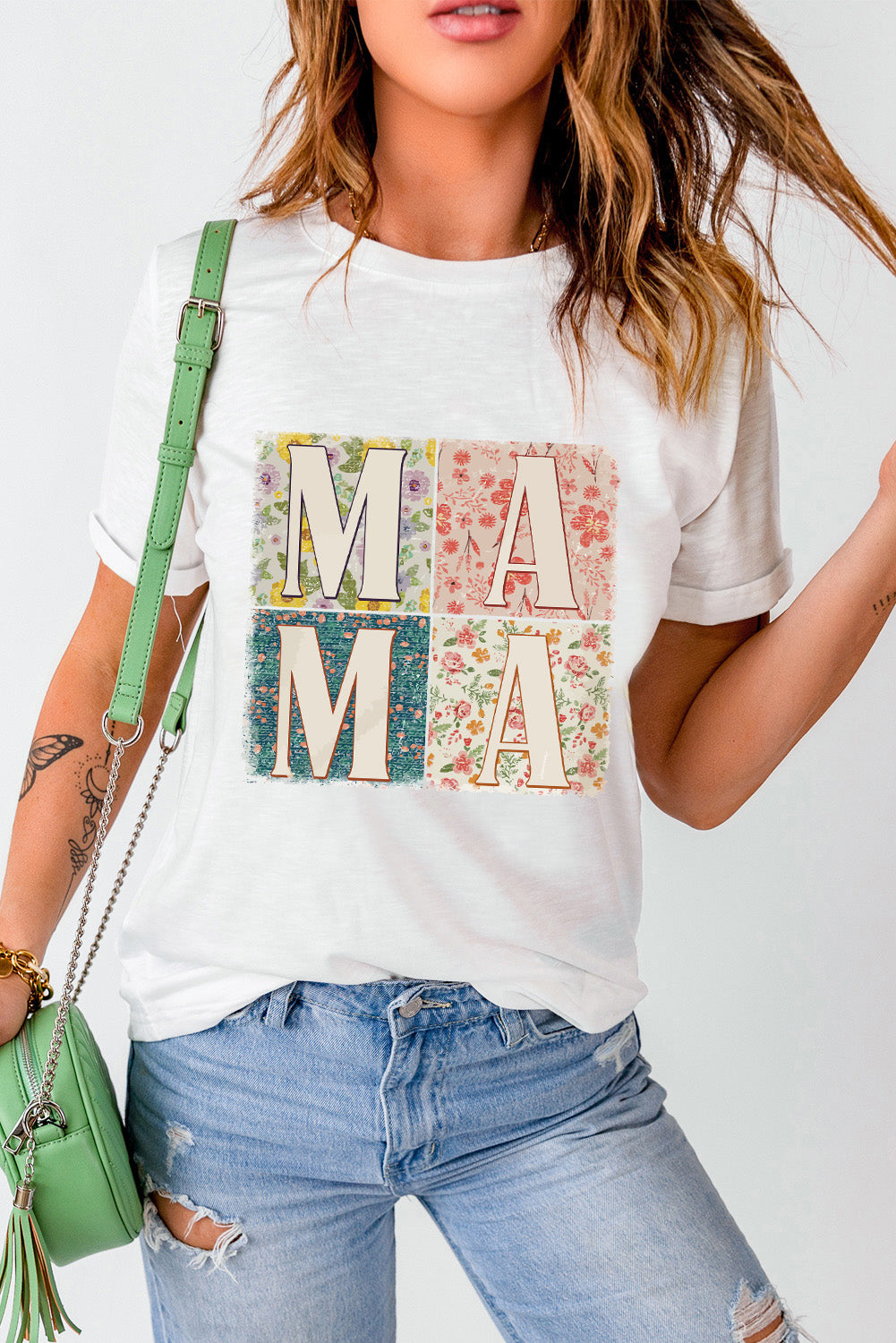 White MAMA Floral Block Graphic Casual T Shirt Graphic Tees JT's Designer Fashion
