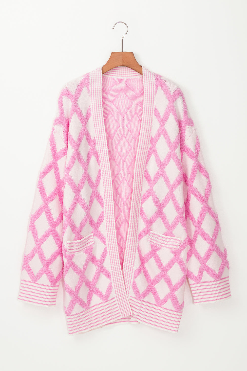 Pink Rhombus Pattern Knit Open Front Pocketed Cardigans Cardigans JT's Designer Fashion