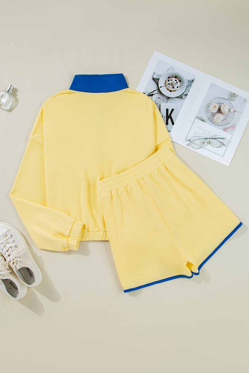 Yellow Color Block Patchwork Half Button Pullover and Shorts 2pcs Outfit Short Sets JT's Designer Fashion