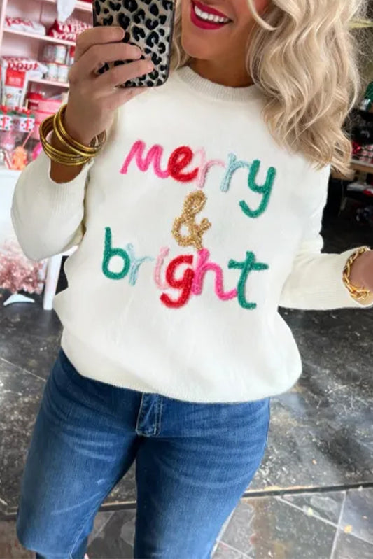 White Merry & Bright Round Neck Casual Sweater White 100%Polyester Sweaters JT's Designer Fashion