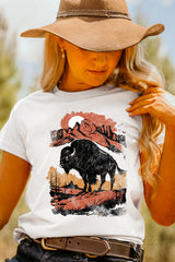 White Western Buffalo On Plains Graphic Crew Neck Tee Graphic Tees JT's Designer Fashion