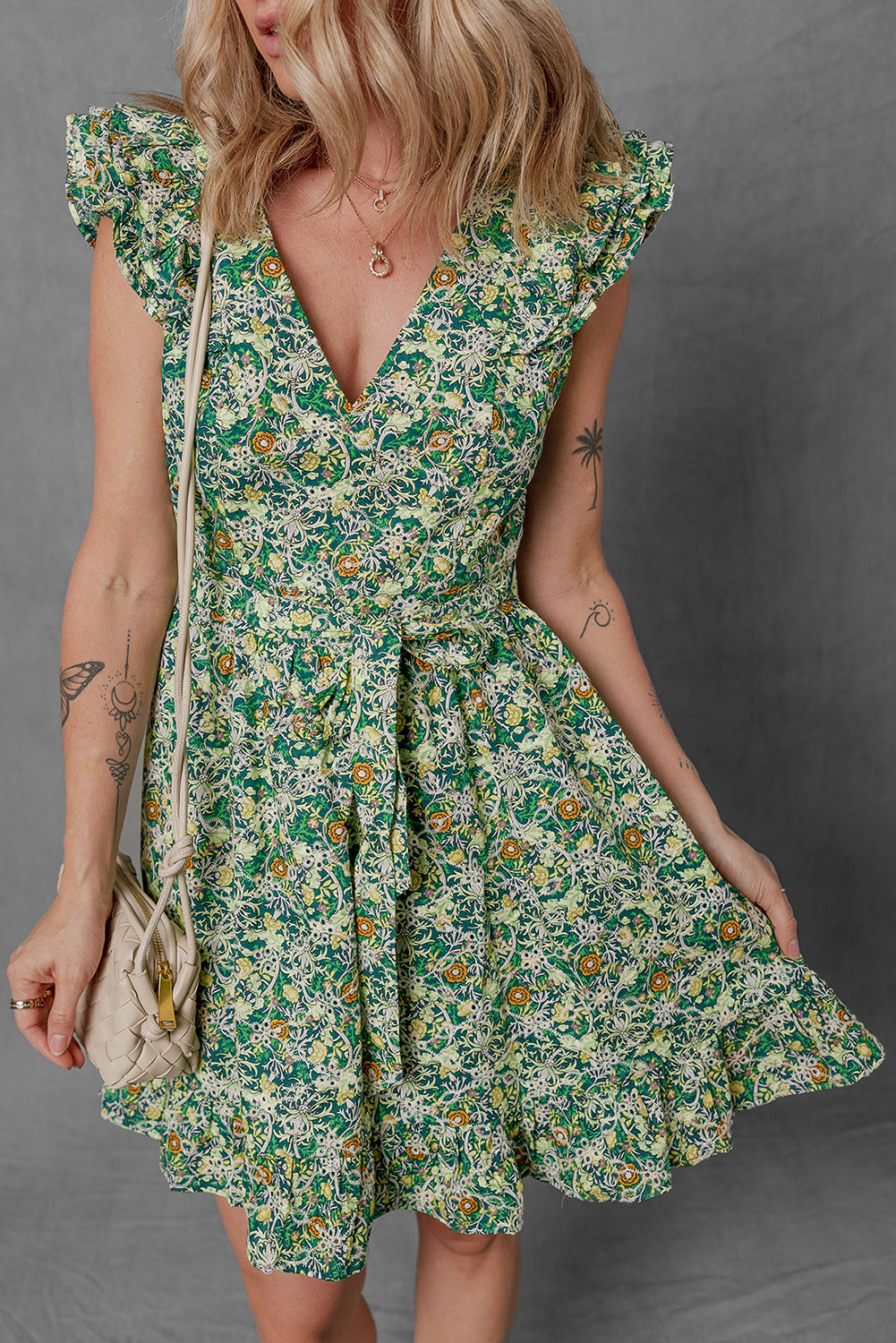 Green Flower Print Flutter Sleeve V Neck Sashed Ruffled Mini Dress Floral Dresses JT's Designer Fashion
