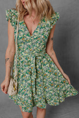 Green Flower Print Flutter Sleeve V Neck Sashed Ruffled Mini Dress Floral Dresses JT's Designer Fashion