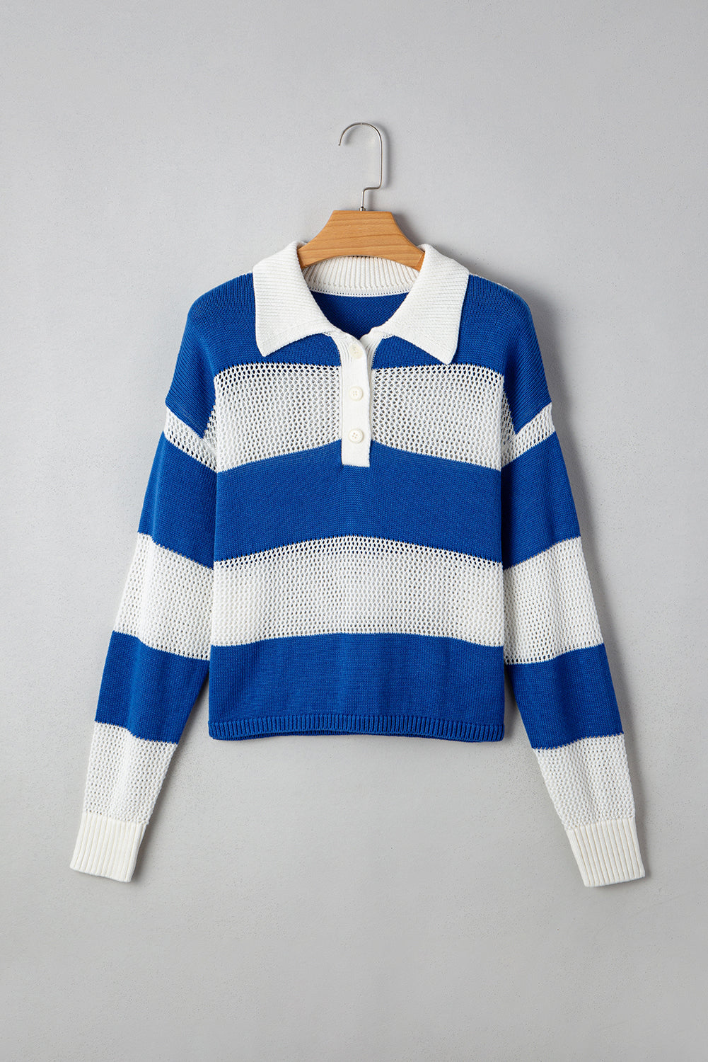 Blue Stripe Colorblock Polo Collar Eyelet Crochet Knitted Sweater Sweaters JT's Designer Fashion