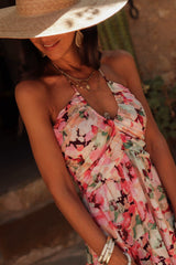 Pink Floral Sleeveless Halter Neck Shirred Back Ruffled Mini Dress Floral Dresses JT's Designer Fashion