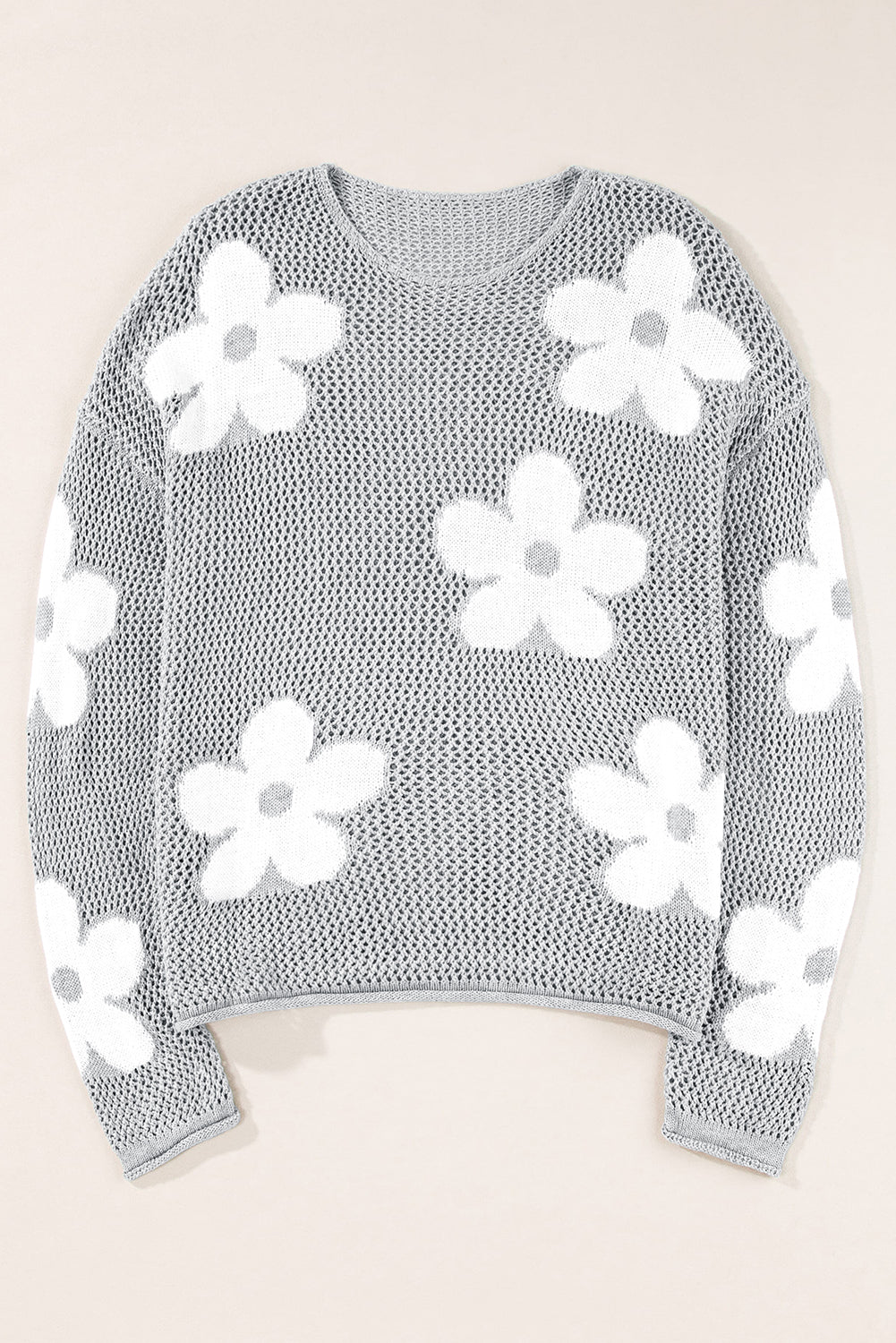 Light Grey Big Flower Hollowed Knit Drop Shoulder Sweater Sweaters JT's Designer Fashion