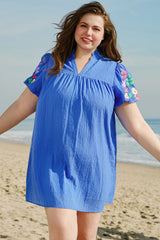Sky Blue Plus Size Floral Embroidered Puff Sleeve Gingham Mini Dress Sky Blue 90%Polyester+10%Polyamide Plus Size Mini Dresses JT's Designer Fashion