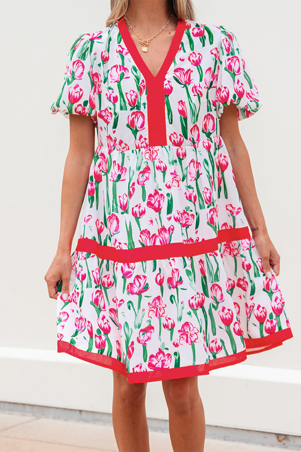 Pink Floral Print Contrast Trim V Neck Bubble Short Sleeve Babydoll Dress Floral Dresses JT's Designer Fashion
