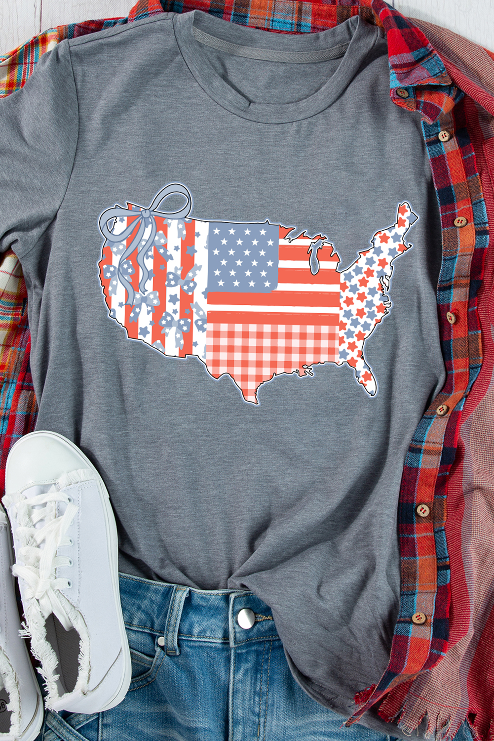 Gray American Flag Bow Map Graphic Tee Graphic Tees JT's Designer Fashion