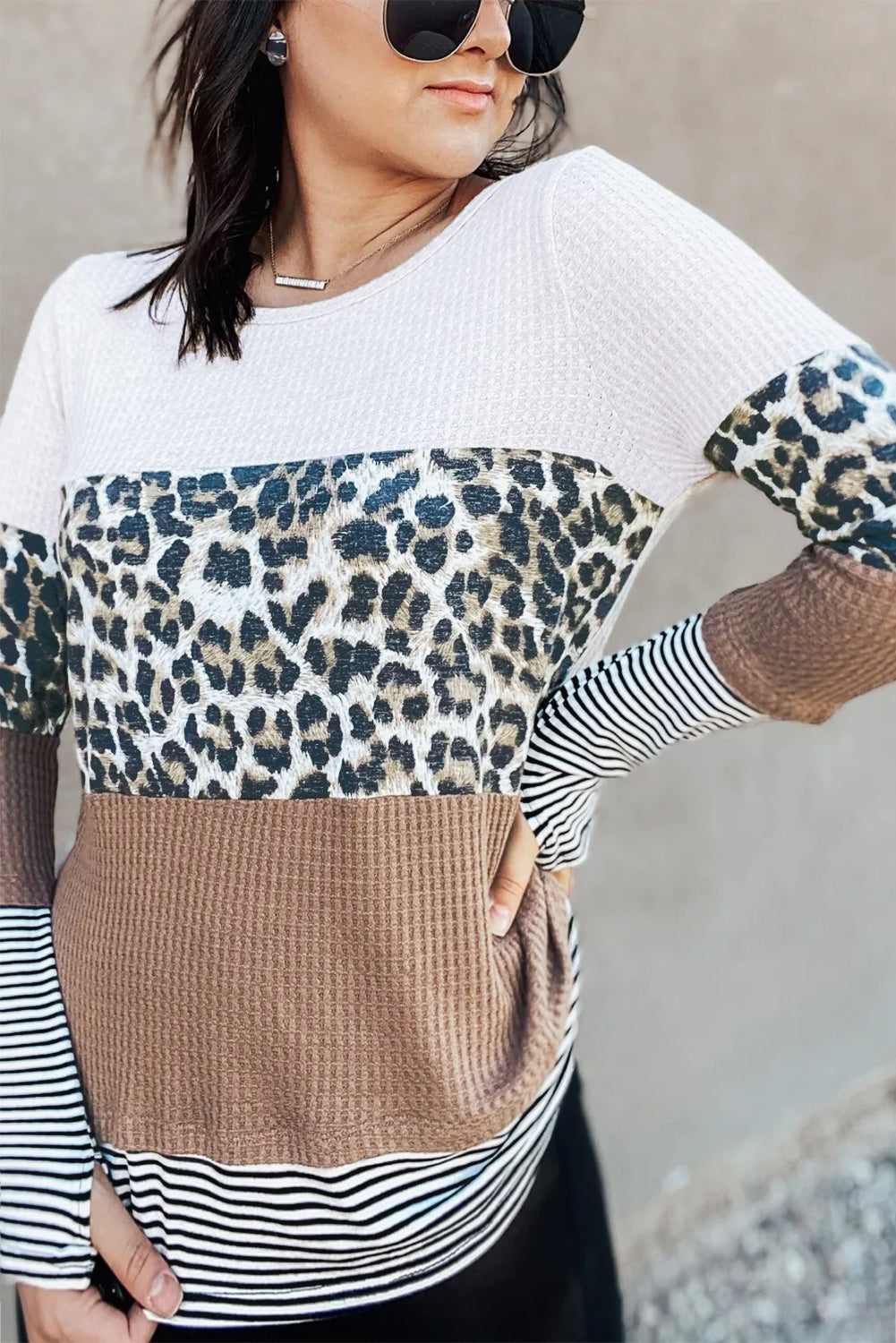 Brown Stripes Leopard Splicing Colorblock Long Sleeve Top Long Sleeve Tops JT's Designer Fashion