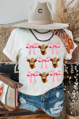 White Coquette Highland Cow Png Bows Graphic Tee Graphic Tees JT's Designer Fashion