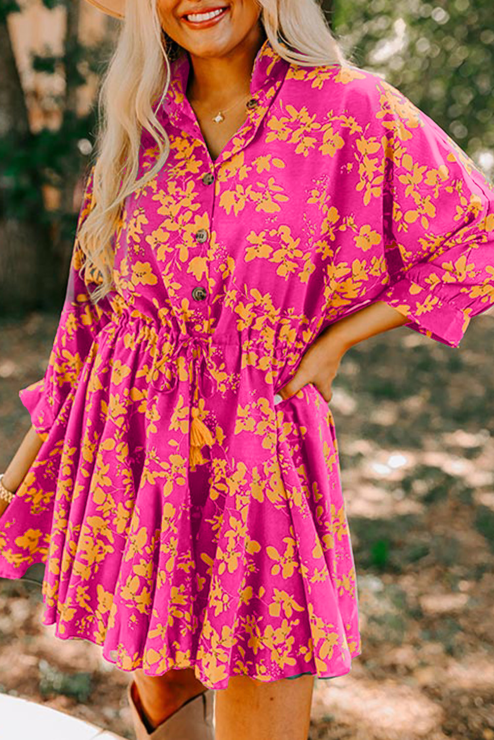 Pink Floral Print Drawstring Tunic Flowy Short Dress Pink 100%Polyester Floral Dresses JT's Designer Fashion