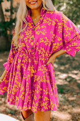 Pink Floral Print Drawstring Tunic Flowy Short Dress Pink 100%Polyester Floral Dresses JT's Designer Fashion