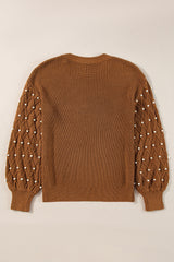 Chestnut Beaded Drop Shoulder Round Neck Sweater Sweaters JT's Designer Fashion