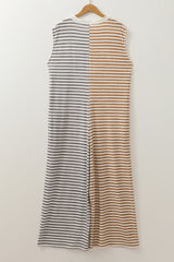 Gray Stripe Plus Size Color Block Buttoned Sleeveless Wide Leg Jumpsuit Plus Size Bottoms JT's Designer Fashion