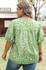 Green Plus Size Floral Tassel Tie Split Neck Puff Sleeve Blouse Plus Size Blouses & Shirts JT's Designer Fashion