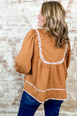 Straw Yellow Split Neck Pleated Floral Trim Long Puff Sleeve Blouse Blouses & Shirts JT's Designer Fashion