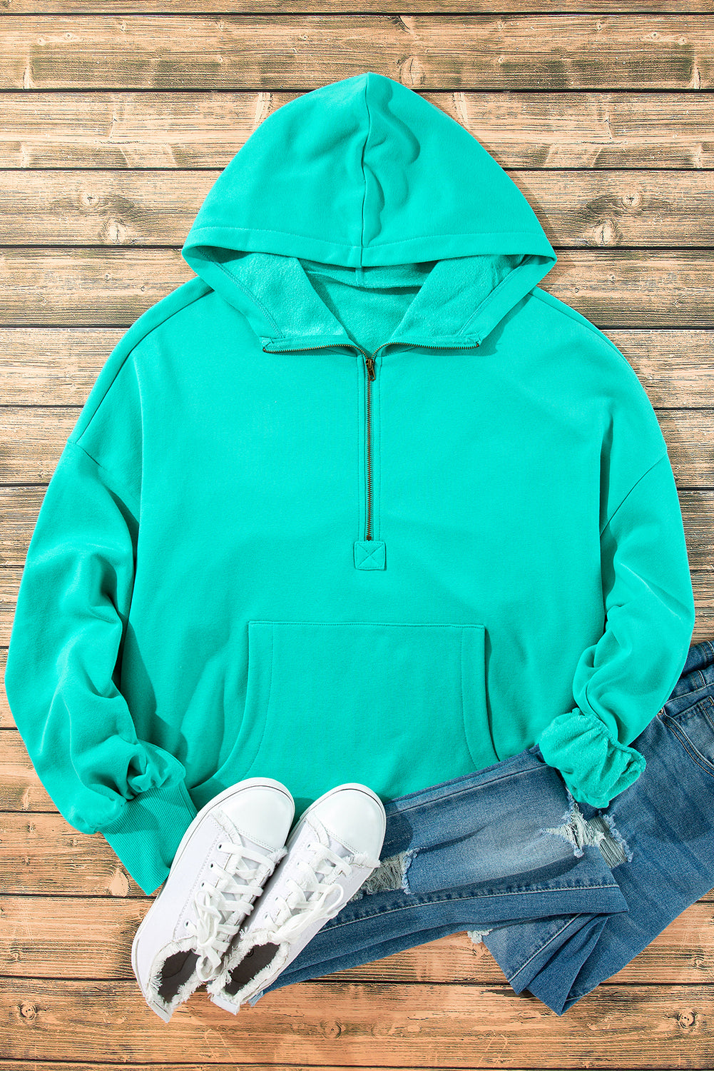 Aruba Blue Fleece Lined Half Zipper Kangaroo Pockets Loose Hoodie Sweatshirts & Hoodies JT's Designer Fashion